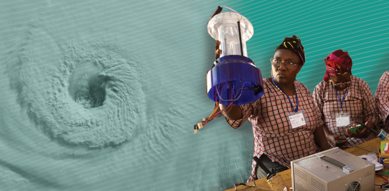 Collage with eye of a hurricane to the left of a group of women looking through supplies