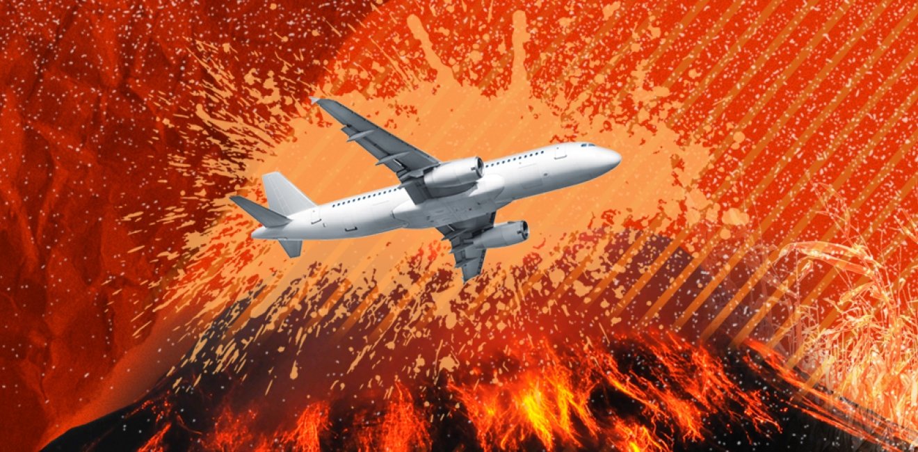 Illustration of a plane flying over an exploding volcano