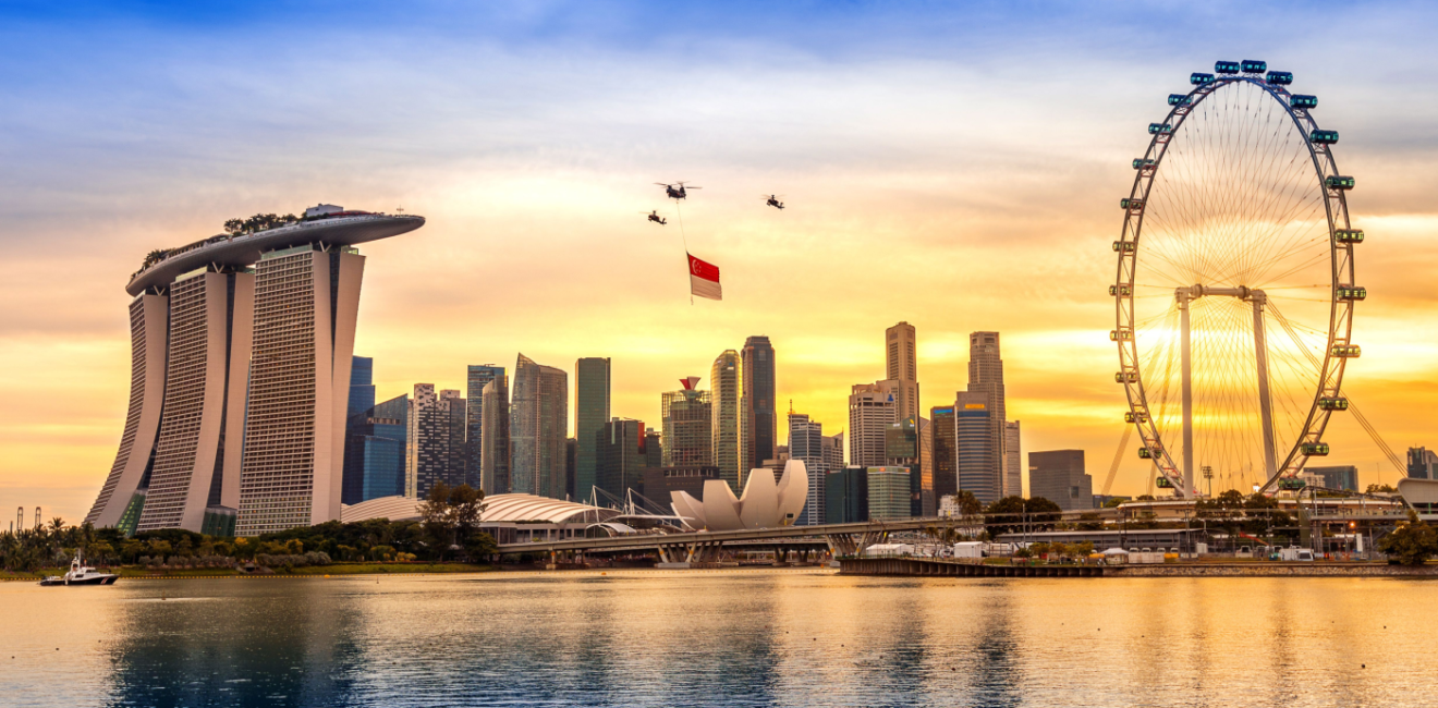 Singapore skyline with flag flown overhead