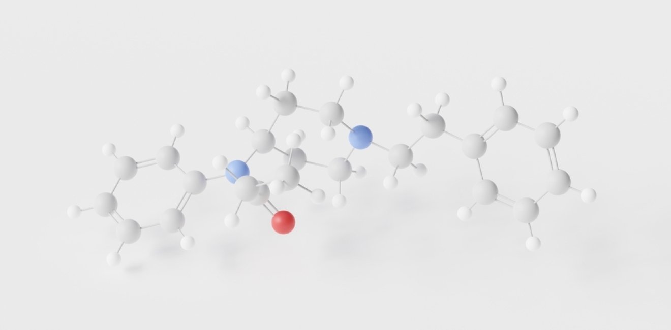 fentanyl molecule 3d, molecular structure, ball and stick model, structural chemical formula opiate agonists