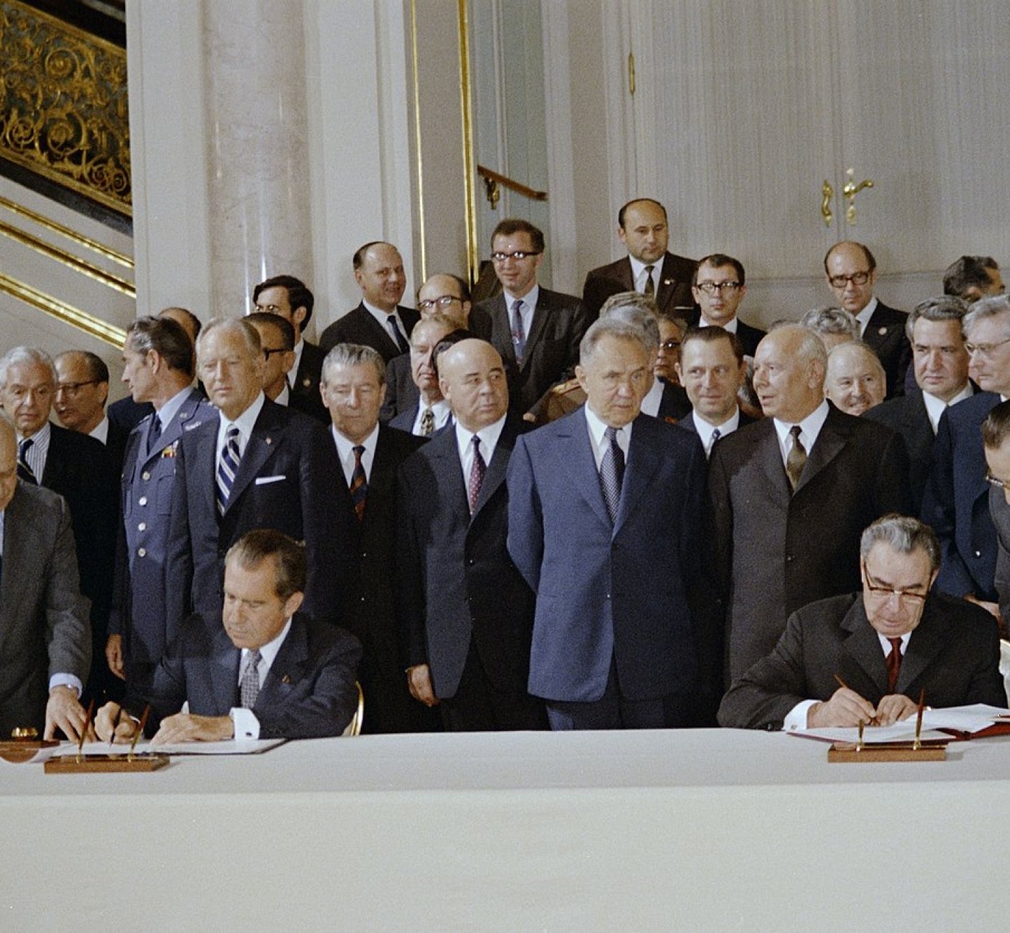 President Richard Nixon and Leonid Brezhnev of the USSR Sign the Anti-Ballistic Missile (ABM) Treaty and Interim Strategic Arms Limitations Treaty (SALT) Agreement in the St. Vladimir Hall, Grand Kremlin Palace, Moscow, May 26, 1972