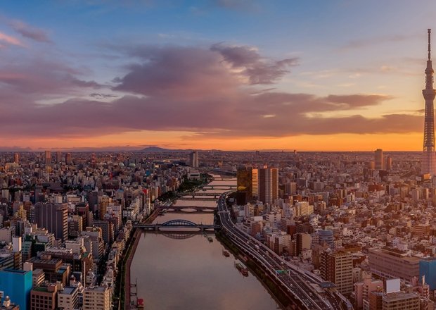 A panoramic view of Tokyo at sunset.