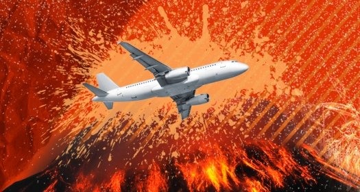 Illustration of a plane flying over an exploding volcano