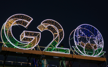 G20 logo installed on a pedestrian bridge outside the main venue of the upcoming G20 Summit