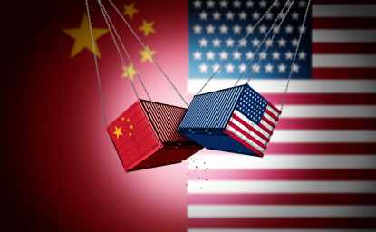 Shipping containers with the US and Chinese flag collide