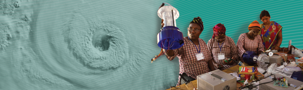 Collage with eye of a hurricane to the left of a group of women looking through supplies