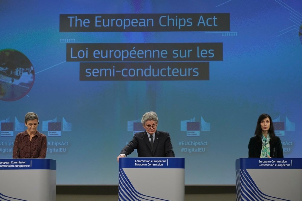 EU Commissioners Margrethe Vestager, Thierry Breton, and Mariya Gabriel giving a press conference on the European Chips Act in Brussels, Belgium on February 8 2022.