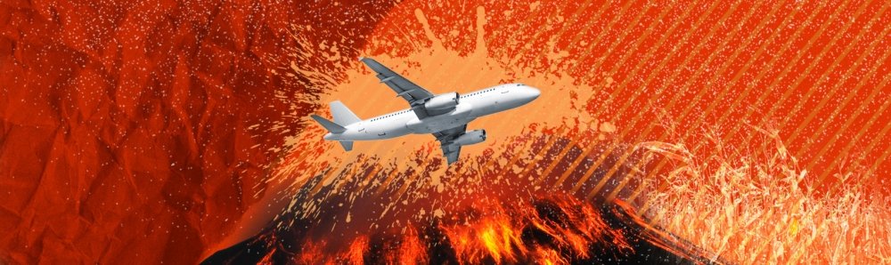 Illustration of a plane flying over an exploding volcano