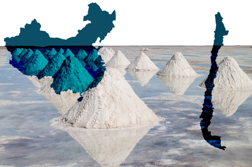 Piles of lithium under maps of China and Chile