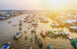Boats forming a floating market on the Mekong River.