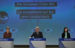 EU Commissioners Margrethe Vestager, Thierry Breton, and Mariya Gabriel giving a press conference on the European Chips Act in Brussels, Belgium on February 8 2022.
