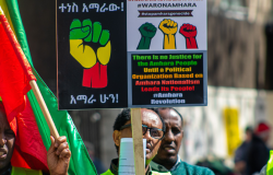 Protesters gather in London in response to the Amhara conflict on May 20, 2023.