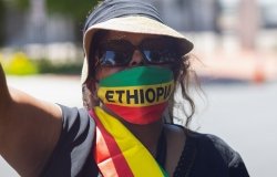 Protester gathers outside the Ethiopian Embassy in Washington, D.C.