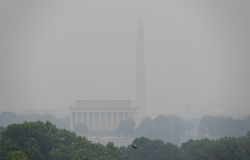 The smoke from the Canadian Wildfires obstructing the view of the DC Skyline from Arlington Virginia.