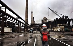 Avdiivka, Donetsk Oblast / Ukraine - February 20 2017: The workers of Avdiivka Coke and Chemical Plant are on duty. The plant in Donbass is the largest coke producer in Ukraine and Europe.