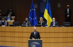 European Council President Charles Michel delivers a speech during a special plenary session of the EU Parliament focused on the Russian invasion of Ukraine in Brussels, Belgium on March 01, 2022.
