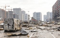  KYIV, UKRAINE – Mar. 29, 2022: War in Ukraine. Shopping center that was damaged by shelling on 21 March by a Russian attack in Kyiv, where according to emergency service, at least six people died