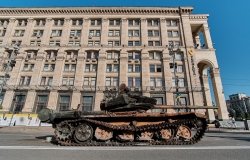 Kyiv, Ukraine - August 24, 2022: Destroyed military machinery of the Russian occupiers on the main street of the city on Ukraine's Independence Day.
